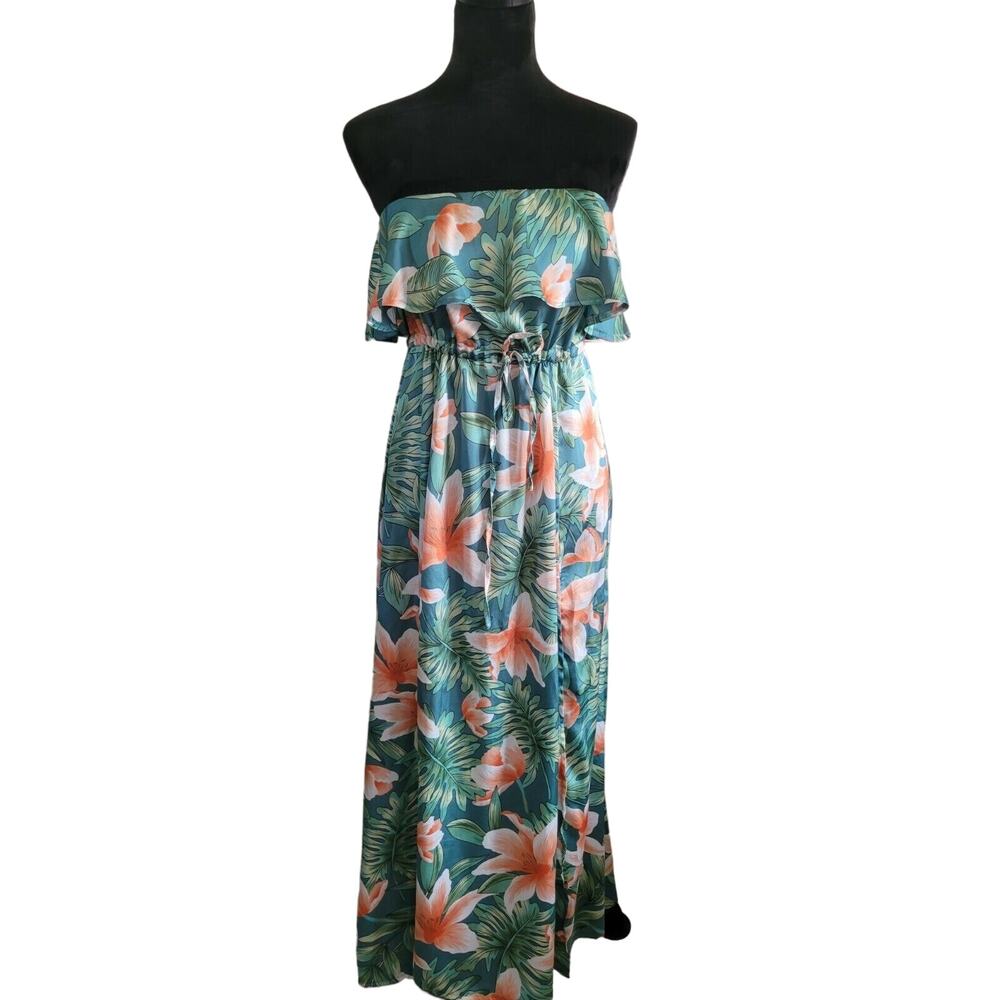 Beautiful beach maxi dress strapless hawaaiian with high slits and ruffles - Picture 1 of 7